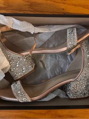 Betsey Johnson Rose Gold Crystal Block Heel Sandals